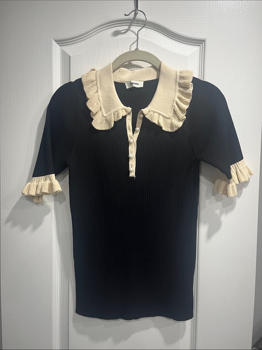 Sandro Black Knit Polo Top with Cream Ruffled Collar